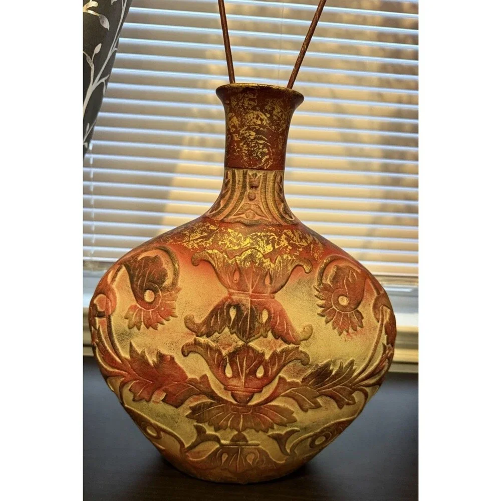 Glazed Vase Home Decore 1970 Art Pottery Handcrafted Painted Burgundy 17” H